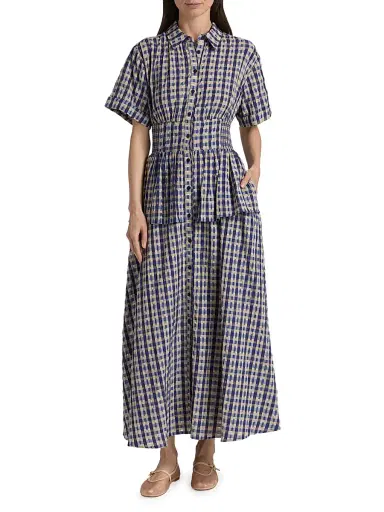 Rosie Assoulin Women's Boogie Woogie Bugle Peplum Maxi Dress - Navy Check | Thumbnail 3 Rosie Assoulin Women's Boogie Woogie Bugle Peplum Maxi Dress - Navy Check | Thumbnail 3