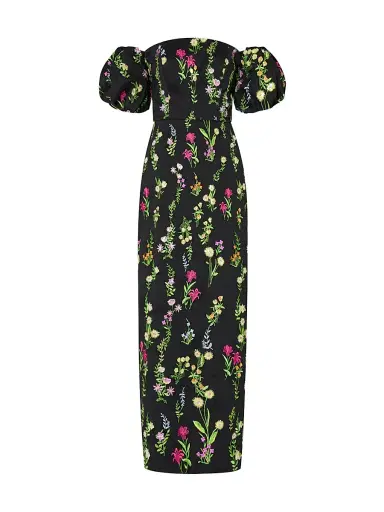 Milly Women's Nira Bloom Floral-Embroidered Off-The-Shoulder Maxi Dress - Black Multi | Thumbnail 1 Milly Women's Nira Bloom Floral-Embroidered Off-The-Shoulder Maxi Dress - Black Multi | Thumbnail 1