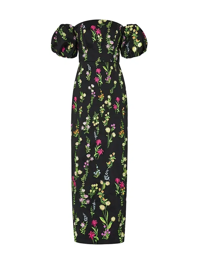 Milly Women's Nira Bloom Floral-Embroidered Off-The-Shoulder Maxi Dress - Black Multi