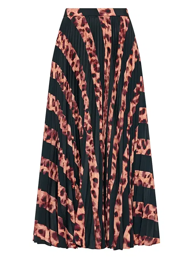 Milly Women's Otha Striped Leopard Pleated Midi-Skirt - Black Brown