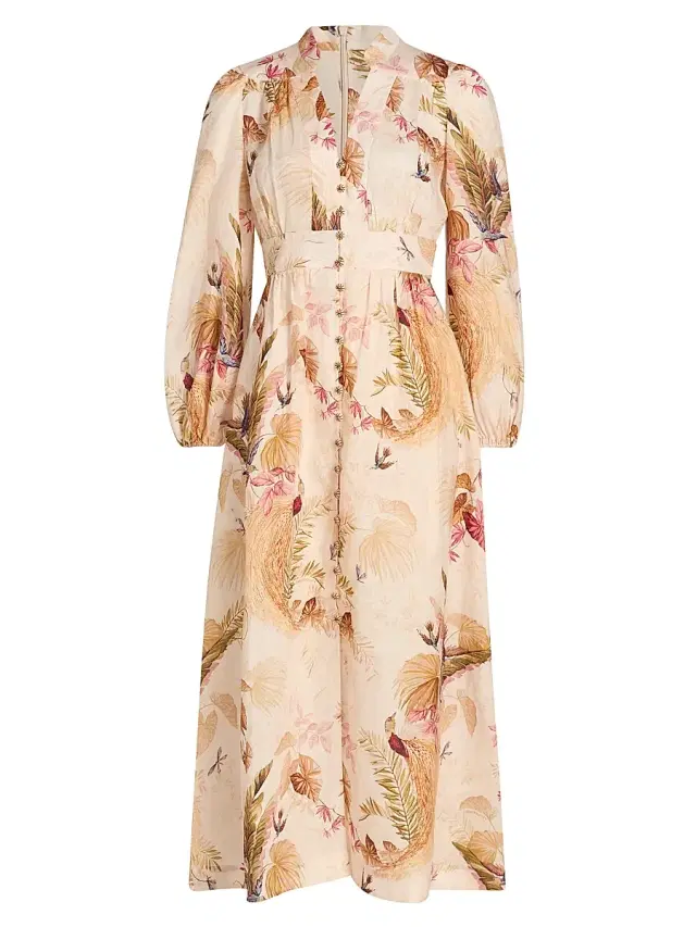Zimmermann Women's Ascension Plunge Midi-Dress - Cream Palm Floral
