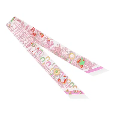 HERMÈS Hermes "Pony Pit Stop" Blanc, Rose and Multi Silk Twilly Pair | Thumbnail 2