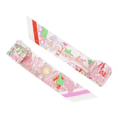 HERMÈS Hermes "Pony Pit Stop" Blanc, Rose and Multi Silk Twilly Pair | Thumbnail 3