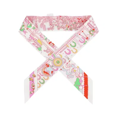 HERMÈS Hermes "Pony Pit Stop" Blanc, Rose and Multi Silk Twilly Pair | Thumbnail 1