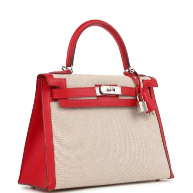 HERMÈS Pre-owned Hermes Kelly Sellier 28 Rouge De Coeur Swift and Beige-Ecru Toile H Canvas Palladium Hardware | Thumbnail 2