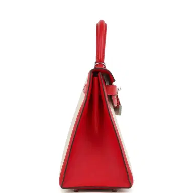 HERMÈS Pre-owned Hermes Kelly Sellier 28 Rouge De Coeur Swift and Beige-Ecru Toile H Canvas Palladium Hardware | Thumbnail 3