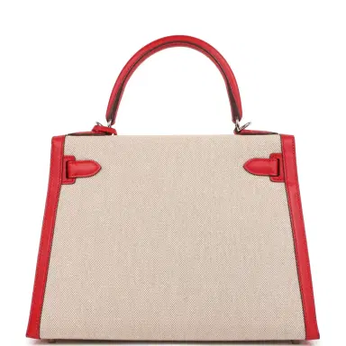 HERMÈS Pre-owned Hermes Kelly Sellier 28 Rouge De Coeur Swift and Beige-Ecru Toile H Canvas Palladium Hardware | Thumbnail 4
