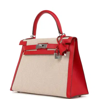 HERMÈS Pre-owned Hermes Kelly Sellier 28 Rouge De Coeur Swift and Beige-Ecru Toile H Canvas Palladium Hardware | Thumbnail 5