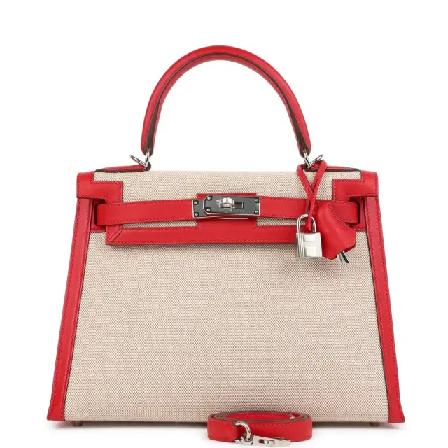 hermes Pre-owned Hermes Kelly Sellier 28 Rouge De Coeur Swift and Beige-Ecru Toile H Canvas Palladium Hardware