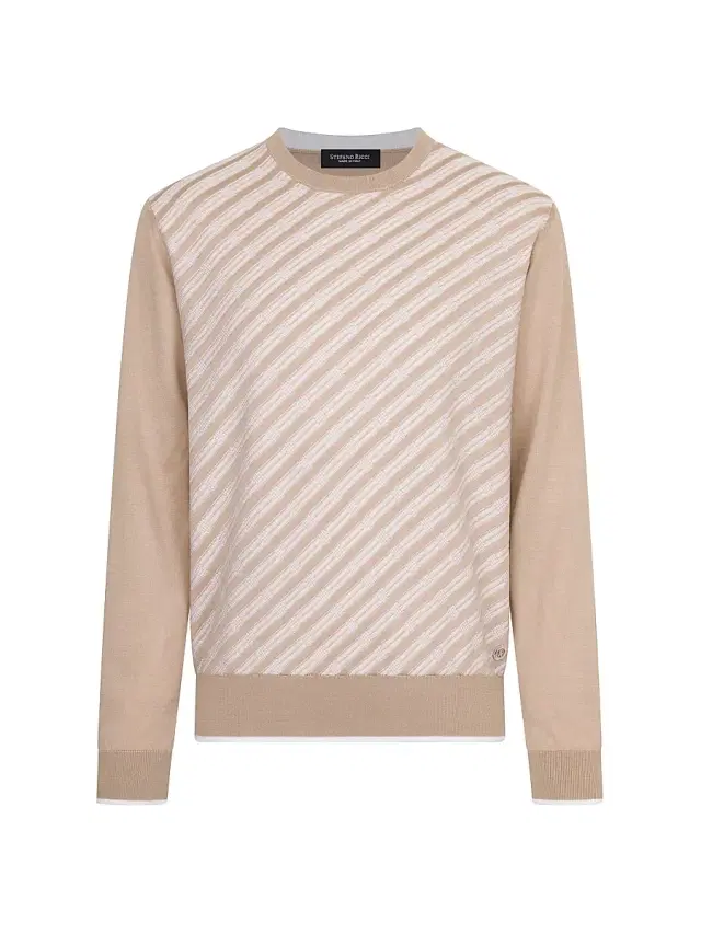 Men's Cotton and Silk Jacquard Knit Sweater - Beige White