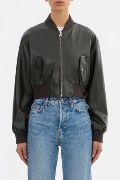 LAMARQUE Evelin Crop Bomber Jacket - Dark Olive | Thumbnail 3