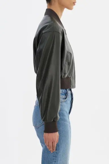 LAMARQUE Evelin Crop Bomber Jacket - Dark Olive | Thumbnail 4