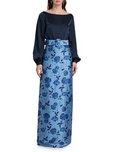 SACHIN BABI Women's Astor Satin Belted Floral Gown - Wild Steel Roses | Thumbnail 3