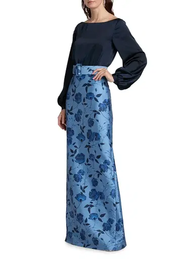 SACHIN BABI Women's Astor Satin Belted Floral Gown - Wild Steel Roses | Thumbnail 4