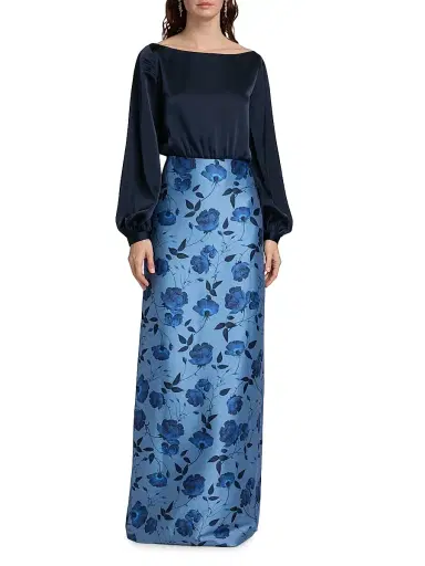 SACHIN BABI Women's Astor Satin Belted Floral Gown - Wild Steel Roses | Thumbnail 6