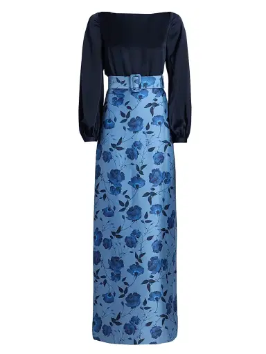 SACHIN BABI Women's Astor Satin Belted Floral Gown - Wild Steel Roses | Thumbnail 1