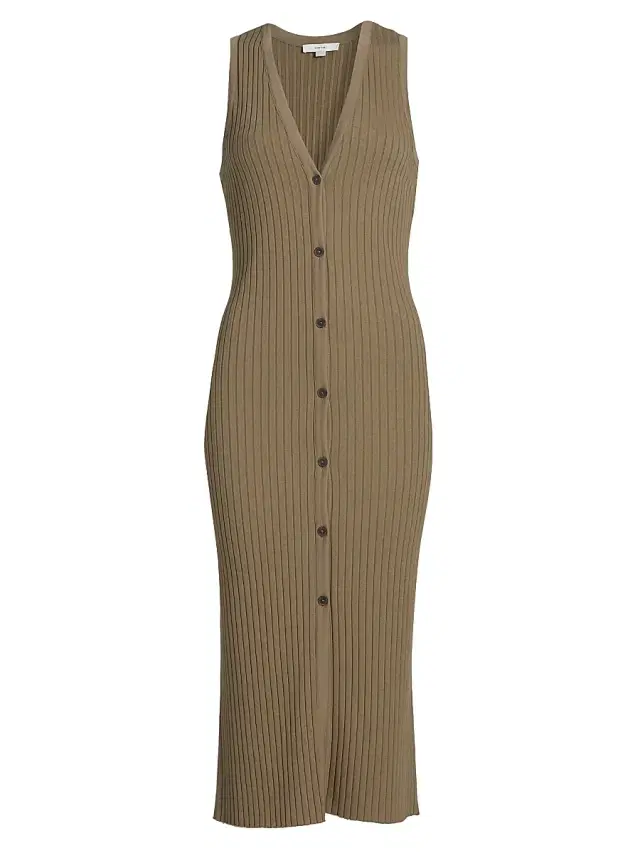 Vince Women's Rib-Knit Button-Front Midi-Dress - Tapenade