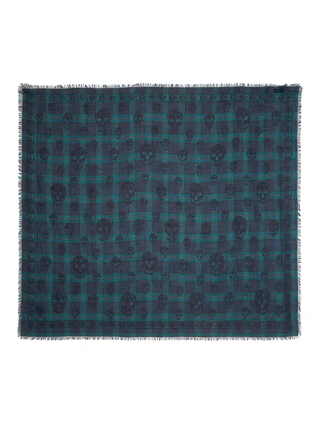 McQueen Men's Skull Plaid Cotton Scarf - Navy