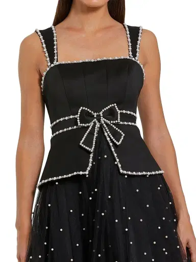 Mac Duggal Women's Imitation Pearl-Embellished Tulle Cocktail Dress - Black Ivory - Size 14 | Thumbnail 3