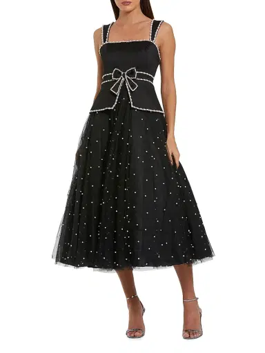 Mac Duggal Women's Imitation Pearl-Embellished Tulle Cocktail Dress - Black Ivory - Size 14 | Thumbnail 1