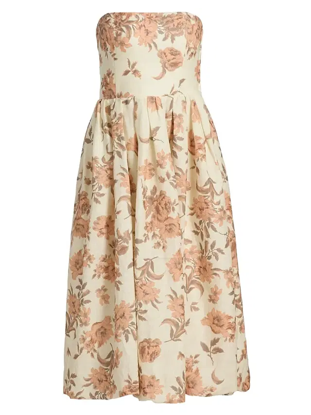 Cara Cara Women's Anisha Floral Linen Strapless Midi-Dress - Farfella Border Egret