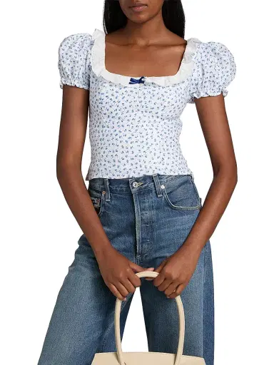Reformation Women's Alice Floral Puff-Sleeve Linen Top - Hanna - Size 12 | Thumbnail 3