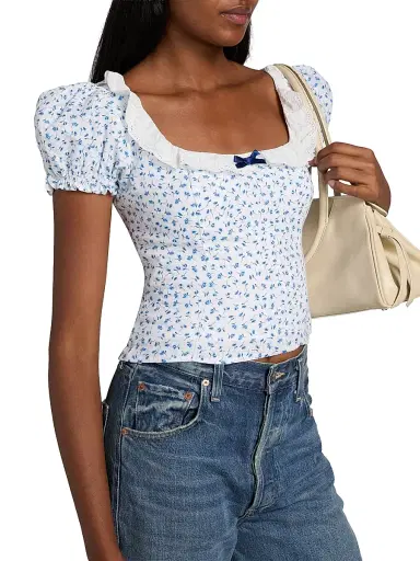 Reformation Women's Alice Floral Puff-Sleeve Linen Top - Hanna - Size 12 | Thumbnail 6