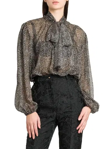 Dolce & Gabbana Women's Italian Tailoring Herringbone Silk Tie-Neck Blouse - Chevron Bco Nero | Thumbnail 3