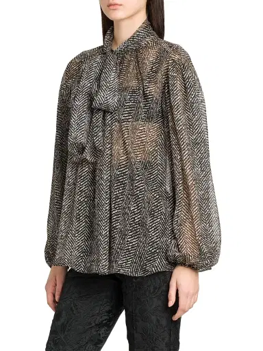Dolce & Gabbana Women's Italian Tailoring Herringbone Silk Tie-Neck Blouse - Chevron Bco Nero | Thumbnail 4
