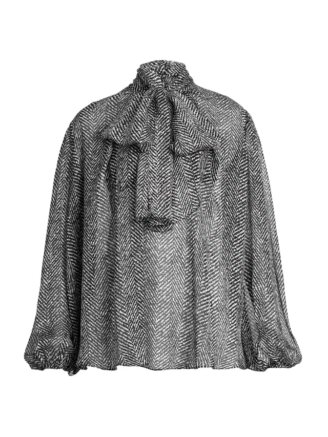Dolce & Gabbana Women's Italian Tailoring Herringbone Silk Tie-Neck Blouse - Chevron Bco Nero