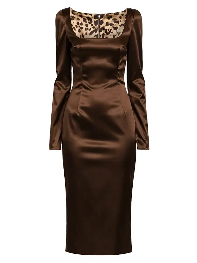 Women's Italian Tailoring Leopard-Lined Satin Midi-Dress - Marrones Curo Women's Italian Tailoring Leopard-Lined Satin Midi-Dress - Marrones Curo