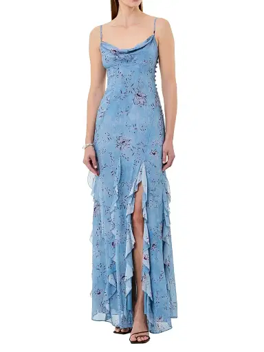 NICHOLAS Women's Kamila Ruffle Cowlneck Gown - Wisteria Floral Blue Smoke | Thumbnail 2