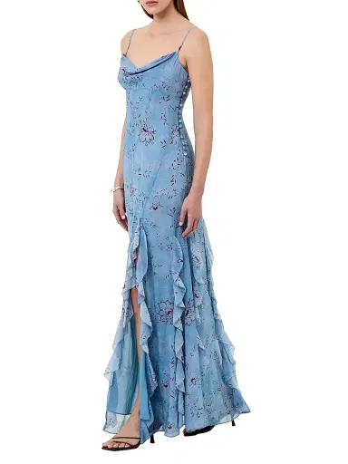 NICHOLAS Women's Kamila Ruffle Cowlneck Gown - Wisteria Floral Blue Smoke | Thumbnail 3