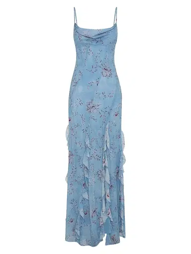 NICHOLAS Women's Kamila Ruffle Cowlneck Gown - Wisteria Floral Blue Smoke | Thumbnail 1