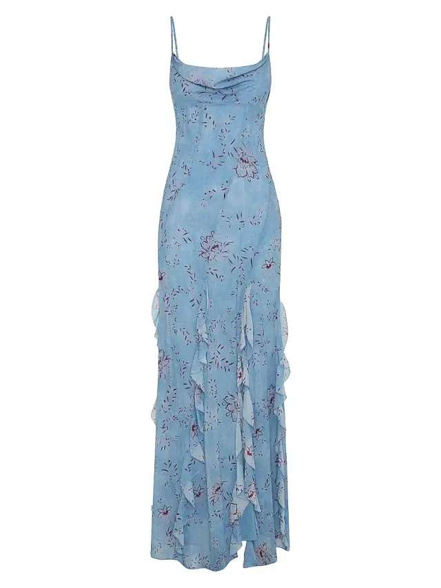 NICHOLAS Women's Kamila Ruffle Cowlneck Gown - Wisteria Floral Blue Smoke