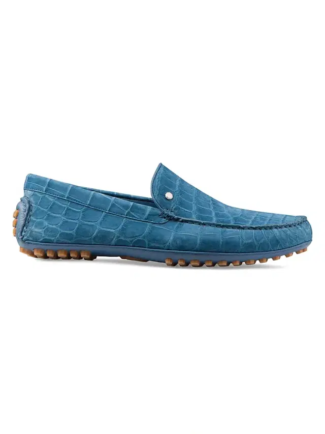 Men's Nubuck Crocodile and Calfskin Leather Loafers - Blue