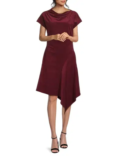 Natori Women's Vegan Luxe Suede Asymmetric Drape Neck Dress - Ruby - Size 12 | Thumbnail 2