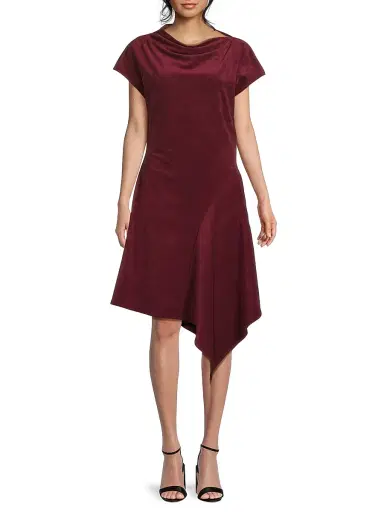 Natori Women's Vegan Luxe Suede Asymmetric Drape Neck Dress - Ruby - Size 12 | Thumbnail 3