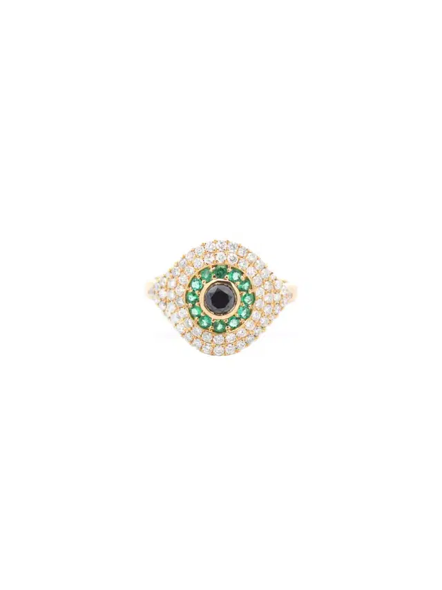 Wish Fine Jewelry 0.90ct Diamond Emerald 18K Gold Evil Eye Ring