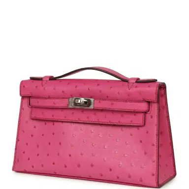 HERMÈS Pre-owned Hermes Kelly Pochette Fuchsia Ostrich Palladium Hardware | Thumbnail 5 HERMÈS Pre-owned Hermes Kelly Pochette Fuchsia Ostrich Palladium Hardware | Thumbnail 5
