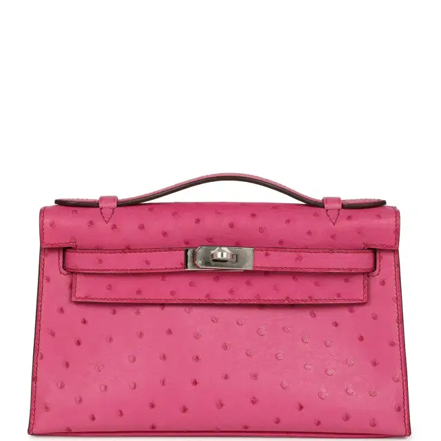 hermes Pre-owned Hermes Kelly Pochette Fuchsia Ostrich Palladium Hardware