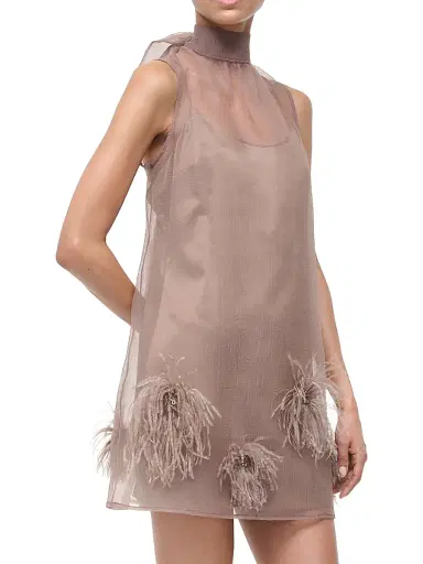 Staud Women's Albee Feather-Embellished Mesh Minidress - Truffle - Size XS | Thumbnail 4