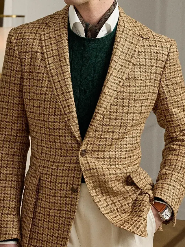 Ralph Lauren Purple Label Men's Kent Houndstooth Silk-Blend Sport Coat - Camel Brown