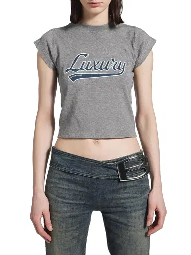 Balenciaga Women's Luxury Script Shrunk T-Shirt - Dark Grey | Thumbnail 3