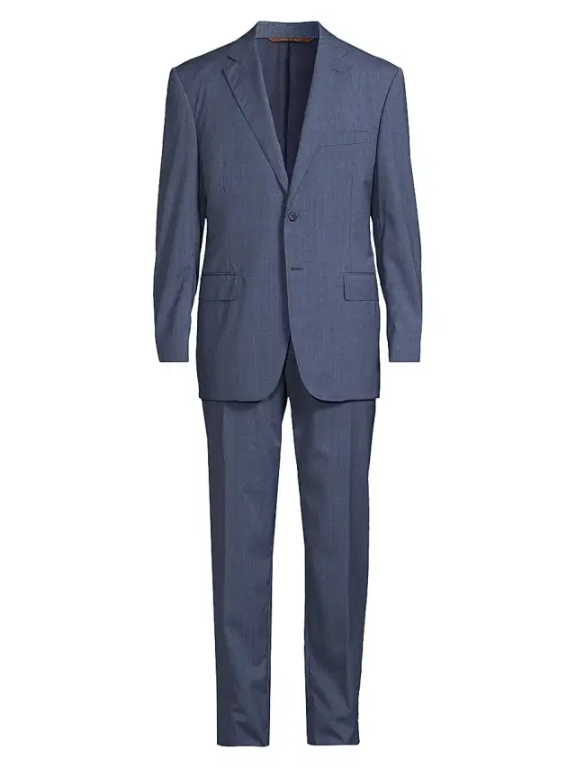 Men's Textured Wool Single-Breasted Suit - Blue
