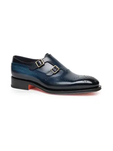 Santoni Men's Carter Monk Strap Leather Brogue Loafers - Light Blue - Size 12 | Thumbnail 2 Santoni Men's Carter Monk Strap Leather Brogue Loafers - Light Blue - Size 12 | Thumbnail 2