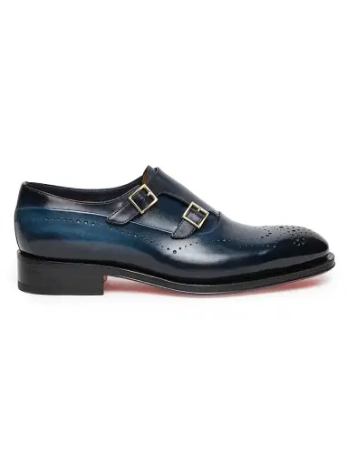 Santoni Men's Carter Monk Strap Leather Brogue Loafers - Light Blue - Size 12 | Thumbnail 1 Santoni Men's Carter Monk Strap Leather Brogue Loafers - Light Blue - Size 12 | Thumbnail 1