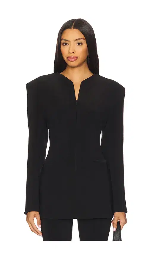 Norma Kamali Long Sleeve Shoulder Pad V Neck Zip Front Jacket