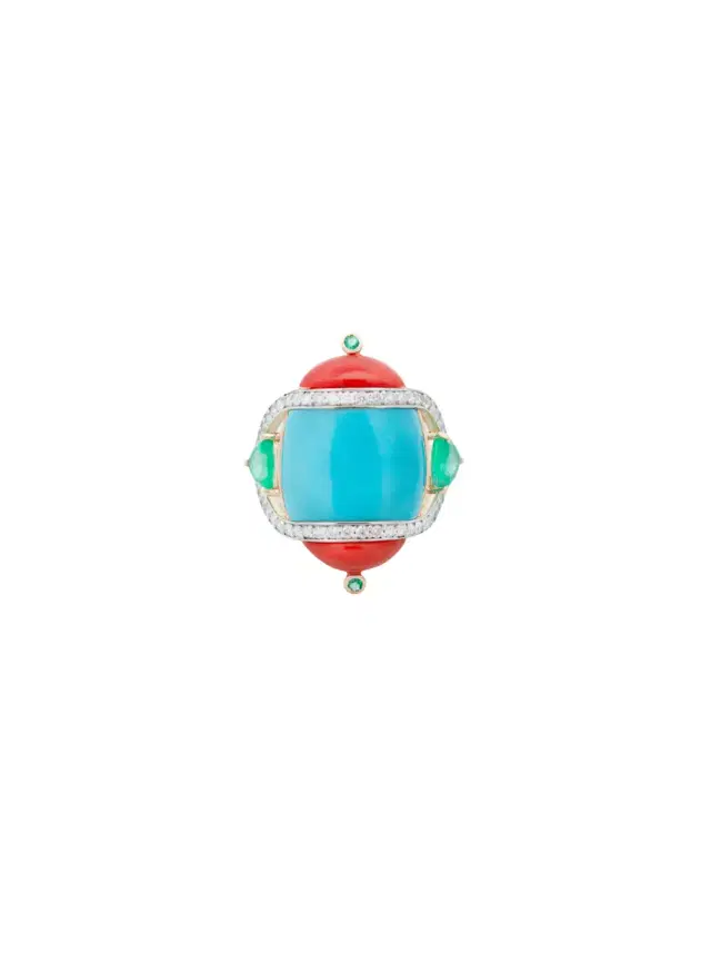 8.97ct Diamond Emerald Turquoise Coral 18K Gold Cocktail Ring