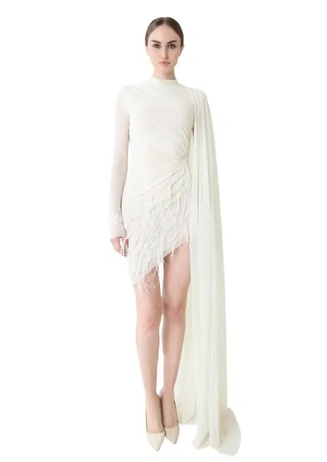 LAPOINTE Mesh High Neck Cape Dress With Feathers